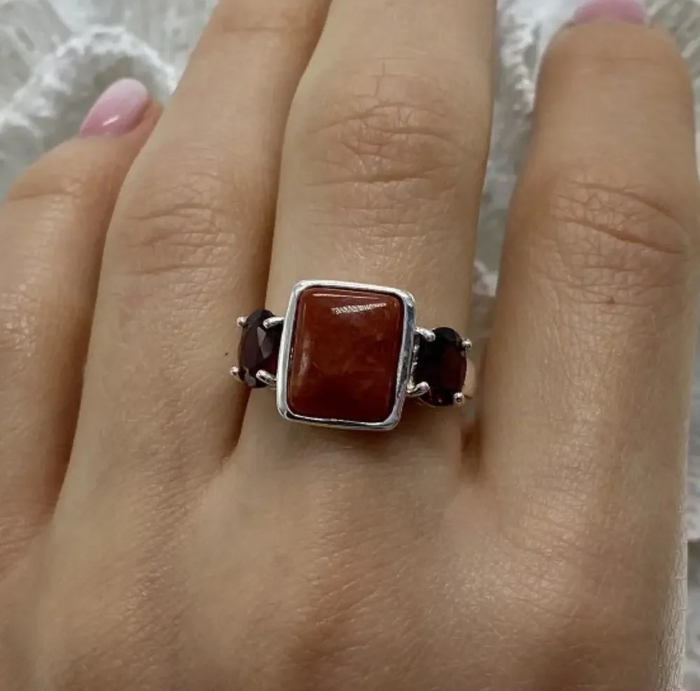 925 Sterling Silver Agate & Garnet Ring Size 9.5